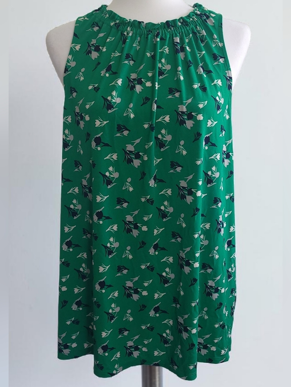 Banana Republic Factory Green Floral Sleeveless Top High Ruffle Neck Women's XL